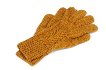 Yellow knitted gloves on a white background. View from above.