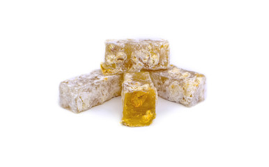 Turkish Delight Lokum. Sweet Turkish delight lokum traditional dessert.Isolated on white background.