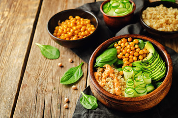 Roasted Chickpeas Spinach Quinoa Avocado Cucumber Buddha bowl