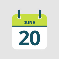 Flat icon calendar 20th of June isolated on gray background. Vector illustration.