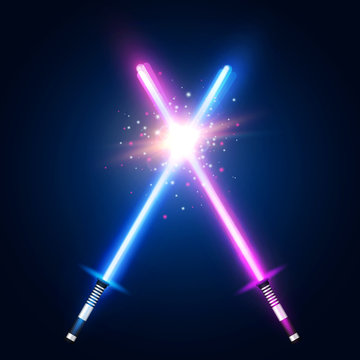 Purple and blue crossed light neon swords with trembling blades fight. Laser sabers war. Glowing rays in space. Battle elements with star, flash and particles. Colorful vector illustration.