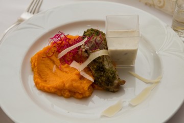 beef with pumpkin puree and mushroom sauce