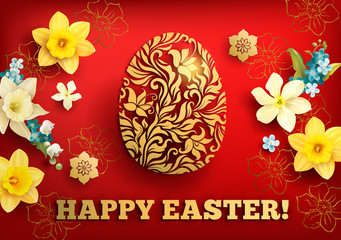 Easter greeting card with golden ornamental egg and floral frame. Vector illustration.