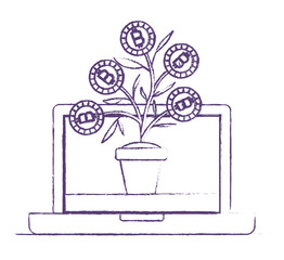 laptop with plant with bitcoins icon vector illustration design