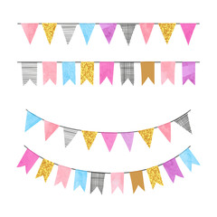 Set of colorful bunting party flags. Vector illustration, suitable for birthday party, wedding celebration.