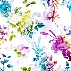 Fototapeta na wymiar Poppy, wild rose, cornflowers, lily of the valley with leaves on pastel violet white. Seamless background pattern. Watercolor, hand drawn. Vector stock