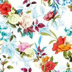 Dekokissen Mohn, Wildrose, Kornblumen, Maiglöckchen mit Blättern auf pastellblauem Weiß. Nahtloses Hintergrundmuster. Aquarell, handgezeichnet. Vektorbestand. © iMacron