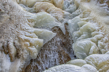 Magic isc sculptures at the beach , on a frosty winter day. - Frozen Ocean ice formations at the Baltic Sea