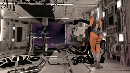Space Ship with Female Travelers Science Fiction 3D Render © studio1media