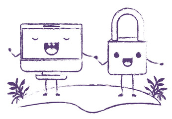 computer display and padlock kawaii characters vector illustration design