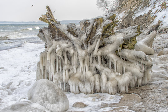 Magic isc sculptures at the beach , on a frosty winter day. - Frozen Ocean ice formations at the Baltic Sea