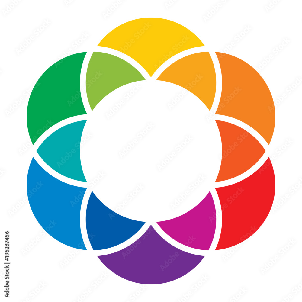 Poster rainbow colored flower and color wheel. overlapping circles lead to a colorful space and background.