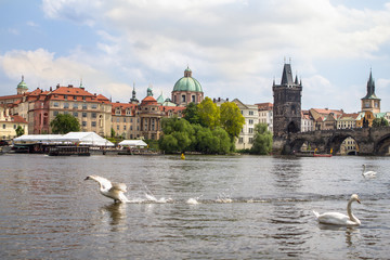 View to the Charles Bridge and St. Nikolaus Church in Prague