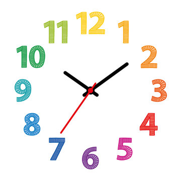 Rainbow colored dial. Clock face with colorful hand-drawn numerals over white. Part of an analog clock or watch. Displays the time through the use of a dial and moving hands. Illustration. Vector.