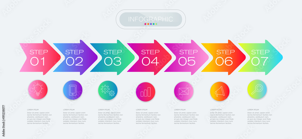 Poster process chart. abstract elements of graph, diagram with 7 steps, options, parts or processes. vector