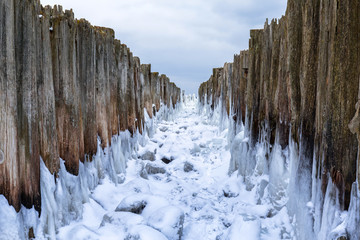 Fototapeta na wymiar Frozen coastline of Baltic Sea in Gdynia, Poland
