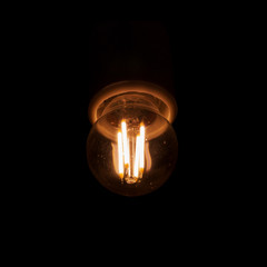 The dim light of the LED spiral in the light bulb with a barely visible patron is gloomily shining...