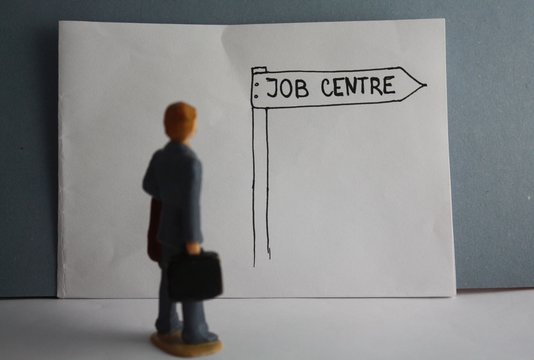 Job centre handdrawn guidance arrow, visit a job center, unemployed miniature man.