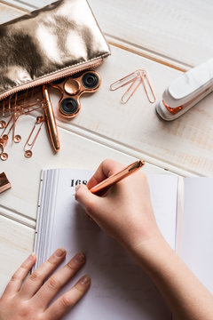 rose gold stationery tabletop, diary with hand writing an entry