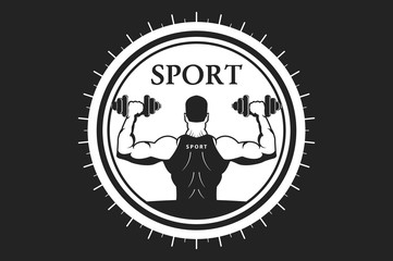 sports logo, man raises dumbbells.