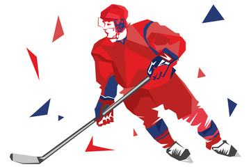 hockey player in red with a stick. vector illustration