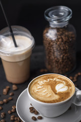 Coffee Cup and Beans on Wooden Table