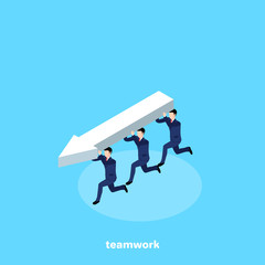 men in business suits run like one team with an arrow, an isometric image
