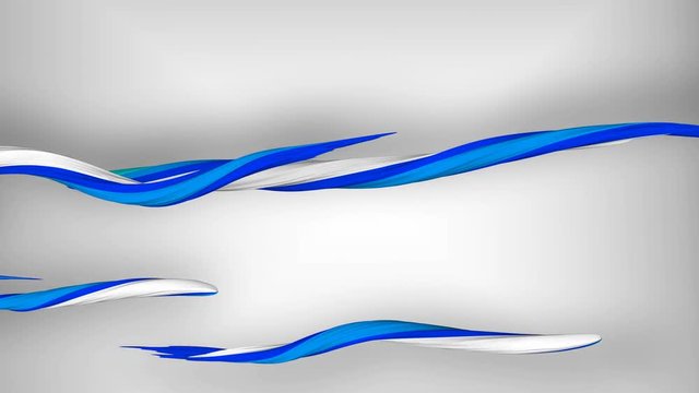 An exciting 3d rendering of smart strokes creeping quickly in the grey background. They are of white, green, and blue colors. They move towards each other like whirling eels.