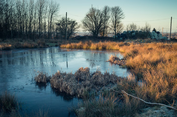 Dawn light breaking on a frozen pond on Wetley Moor Staffordshire.