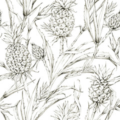 Seamless pattern with pineapples and leaves. Tropical summer graphic illustration. Botanical texture in beige shades. Monochrome nature design. Perfect for a poster, printing on fabric.
