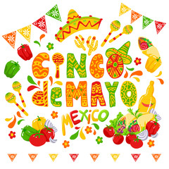 Cinco de mayo funny lettering with letters as maraca and wearing sombrero or mexican hat. Latin american celebration of 5th of May with flags and flowers, cactus. Festive Mexican clipart