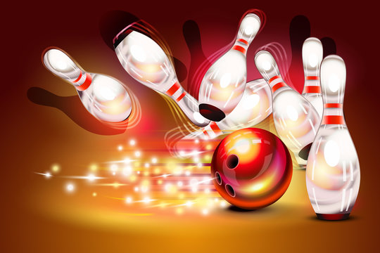 Bowling game strike over dark red background
