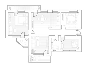Architecture plan with furniture in top view. Coloring book