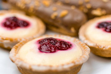 A set of different cakes on a white plate.