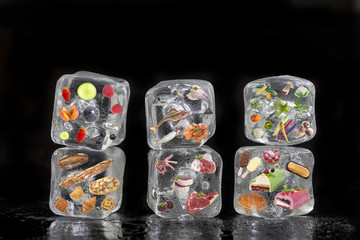 Concept of frozen products: fruits, vegetables, fishs, meat, spices herbs, pastry, were frozen inside ice cubes on black background