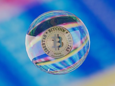 A cryptocurrency bitcoin inside a soap bubble. Blue background.