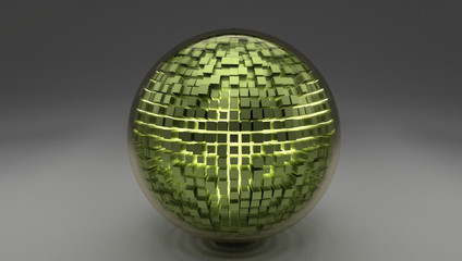 3d glass sphere with some green cubes and a light inside