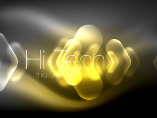 Blurred arrows in dark space. Neon pointers, glass glossy design, abstract shiny techno background, web banner