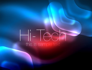 Blurred arrows in dark space. Neon pointers, glass glossy design, abstract shiny techno background, web banner