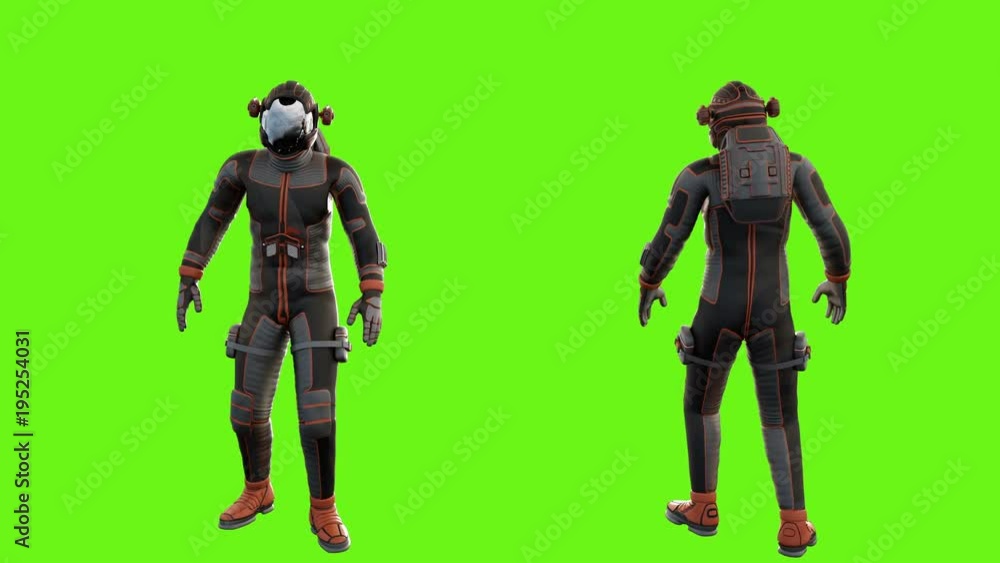 Poster sci fi man jumping. loopable animation on green screen. 4k.