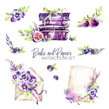 Watercolor borders set with old books, envelope, paper, flowers, figs and berries. Original hand drawn illustration in violet shades. Summer design. ClipArt elements. Scrapbooking collection.