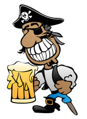 Pirate Cartoon Character with Peg Leg, Eye Patch and Beer