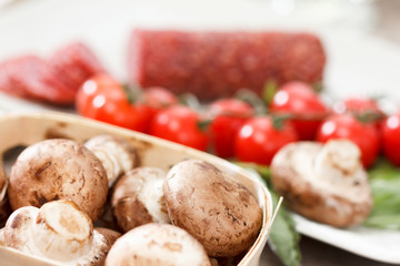 Food ingredients for pizza on table