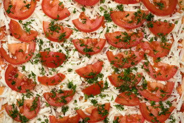 Pizza background. Close-up of cheese and tomato pattern.