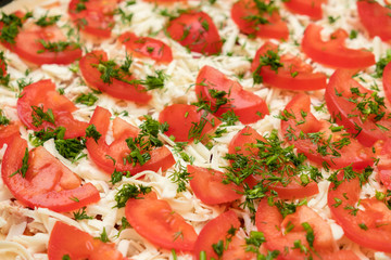 Pizza background. Close-up of cheese and tomato pattern.