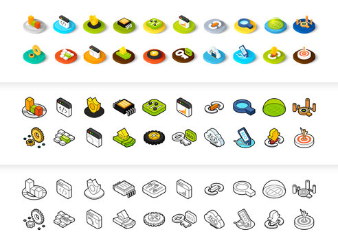 Set of icons in different style - isometric flat and otline, colored and black versions