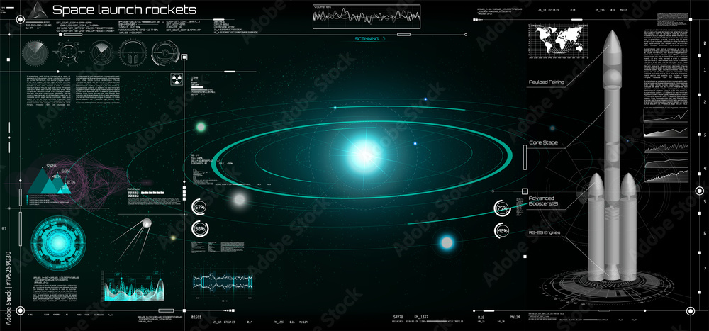 Poster space launch rockets in the hud style, solar system, 3d spaceship, space satellite, stars, dashboard