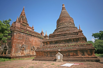 Fototapeta na wymiar The bottom of beautiful red brick pagodas in Bagan, Myanmar
