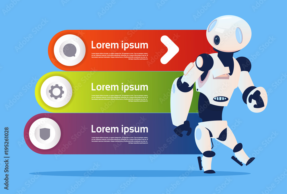 Poster robot over template infographics background modern robotics technology and artificial intelligence c