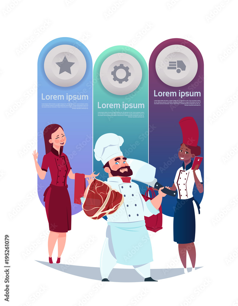 Poster set of cooking template infographic elements background with chef and waitress flat vector illustrat